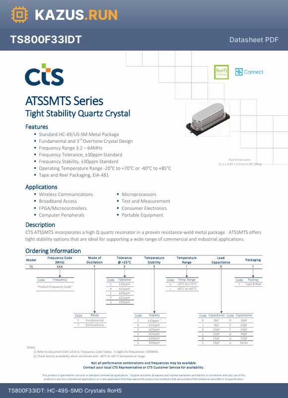 TS360T11CDT datasheet - Crystal 36MHz a10ppm 18pF 80Y HC-49S-SMD