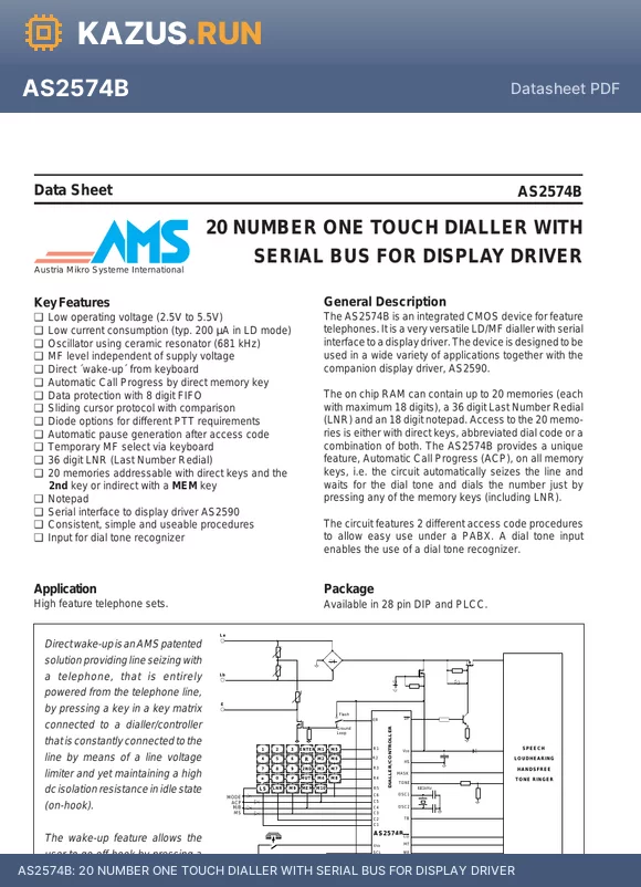 AS2574BN datasheet - 20 NUMBER ONE TOUCH DIALLER WITH SERIAL BUS FOR DISPLAY DRIVER