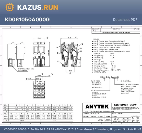 KD481050A000G datasheet - 5.5A 16~24 2x24P 48P -40~+115 3.5mm Green 24 2 Headers, Plugs and Sockets RoHS