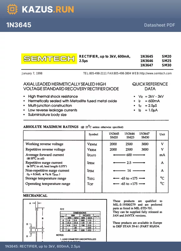 1N3645 datasheet - RECTIFIER, up to 3kV, 600mA, 2.5ls