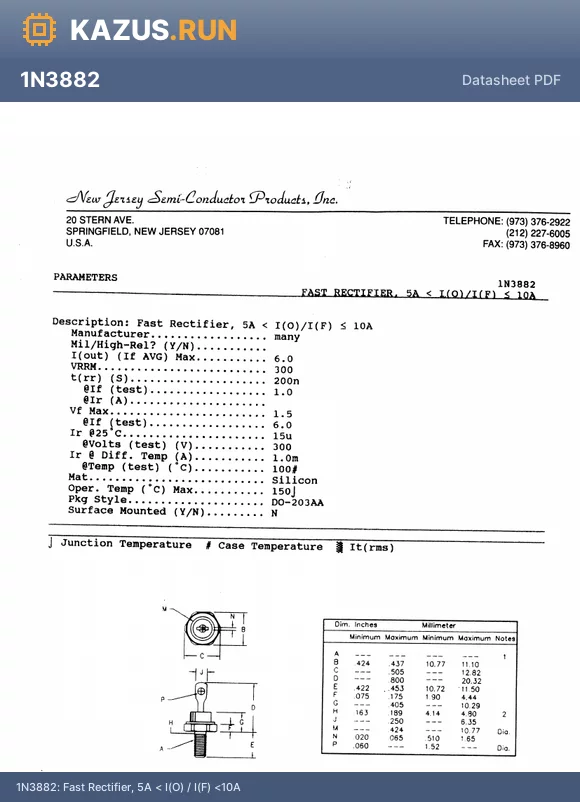 1N3882 datasheet - Fast Rectifier, 5A < I(O) / I(F) <10A