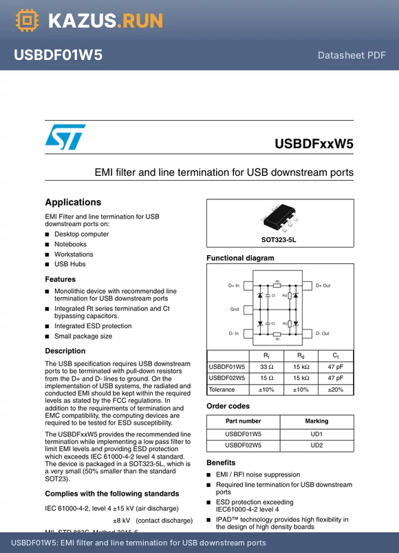 USBDF01W5 datasheet - 2 SOT-323-5 EMI/RFI Filters (LC, RC Networks) RoHS