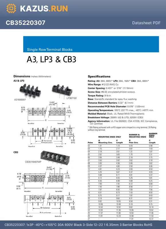 A303504MP datasheet - -40~+105 30A 600V Black 1 4 Barrier Blocks RoHS