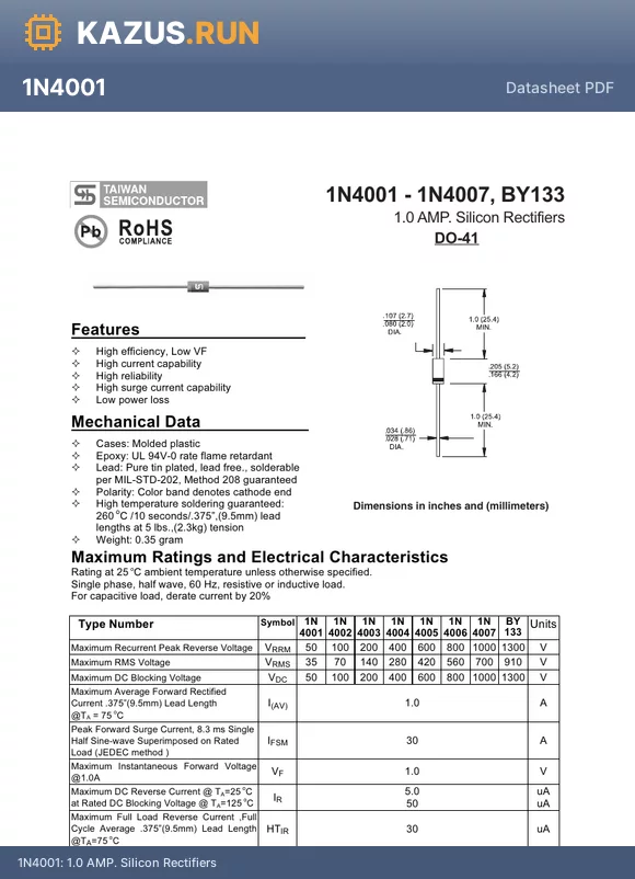 1N4003 datasheet - 1.0 AMP. Silicon Rectifiers