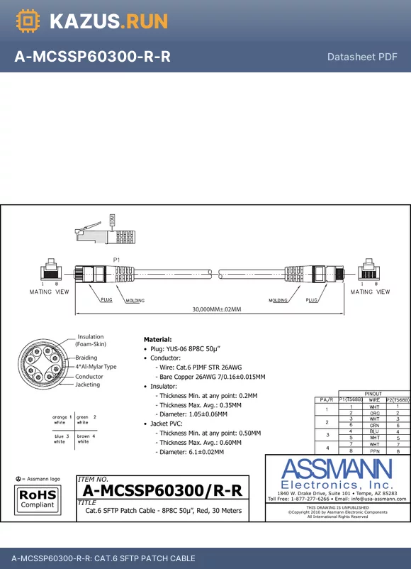 A-MCSSP60300-R-R datasheet - CAT.6 SFTP PATCH CABLE