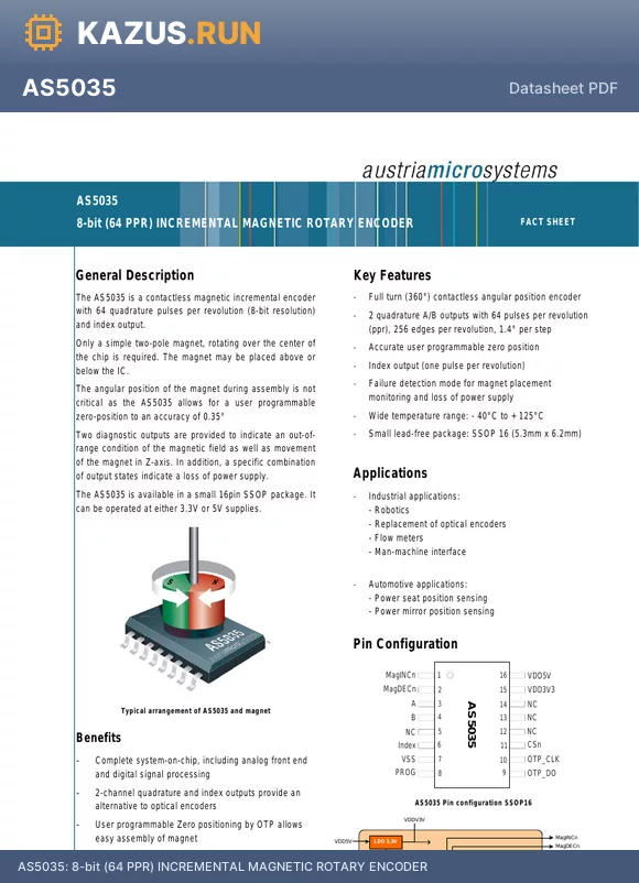 AS5035 datasheet - 8-bit (64 PPR) INCREMENTAL MAGNETIC ROTARY ENCODER