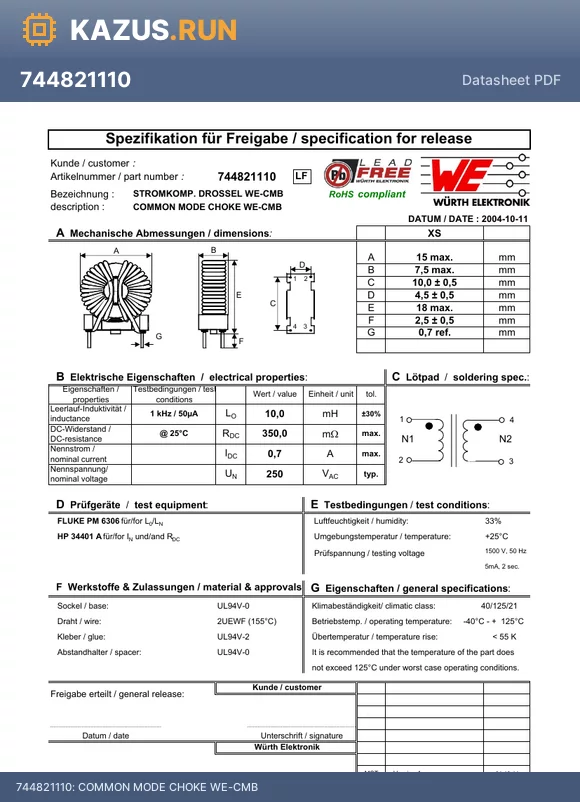 744821110 datasheet - COMMON MODE CHOKE WE-CMB