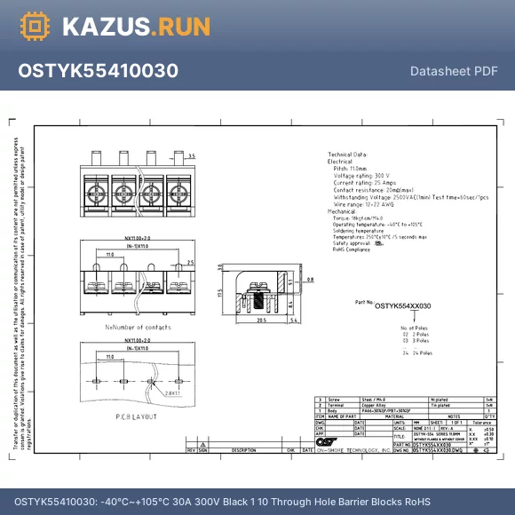 OSTYK55417030 datasheet - -40~+105 30A 300V Black 1 8.26mm 17 Through Hole Barrier Blocks RoHS
