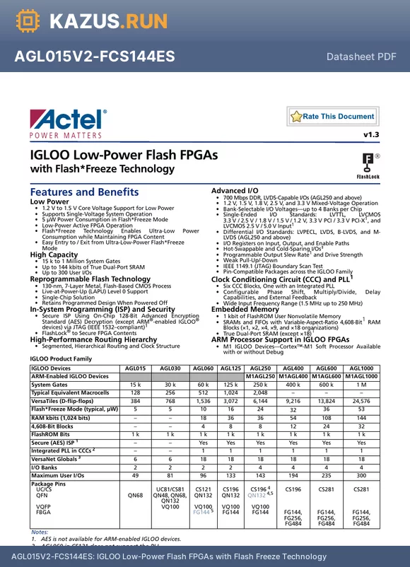 AGL400V5-QNG144I datasheet - IGLOO Low-Power Flash FPGAs with Flash Freeze Technology