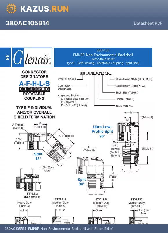 380FD105M18 datasheet - EMI/RFI Non-Environmental Backshell with Strain Relief