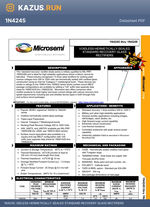 1N4245_04 datasheet - OIDLESS-HERMETICALLY-SEALED STANDARD RECOVERY GLASS RECTIFIERS