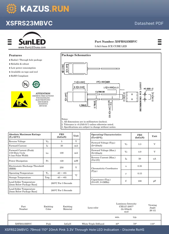 XSFRS23MBVC datasheet - 79mcd 110` 20mA Pink 3.3V Through Hole LED Indication - Discrete RoHS