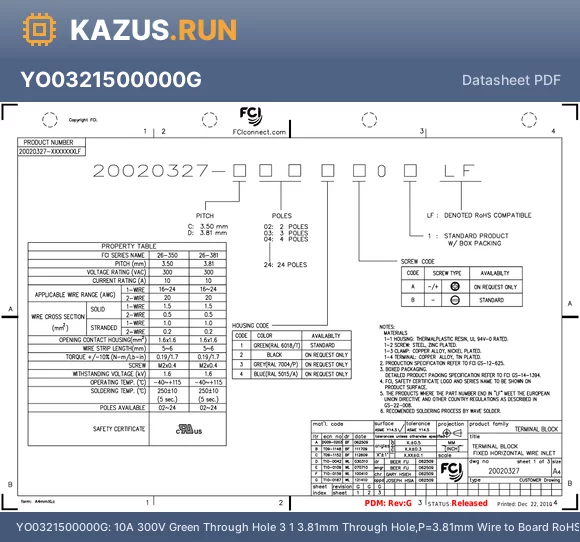 YO2201500000G datasheet - 10A 300V Green Through Hole 22 1 3.5mm Through Hole,P=3.5mm Wire to Board RoHS