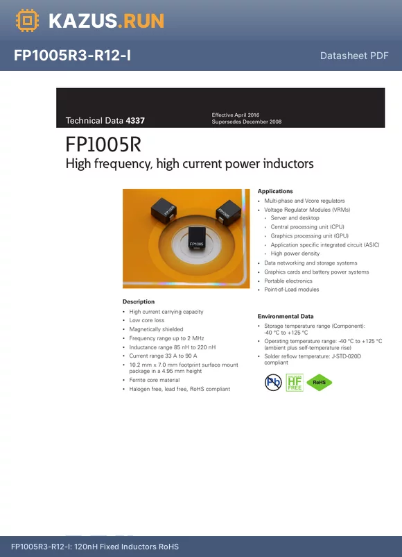 FP1005R4-R12-R datasheet - 120nH SMD,10.2x7mm Fixed Inductors RoHS