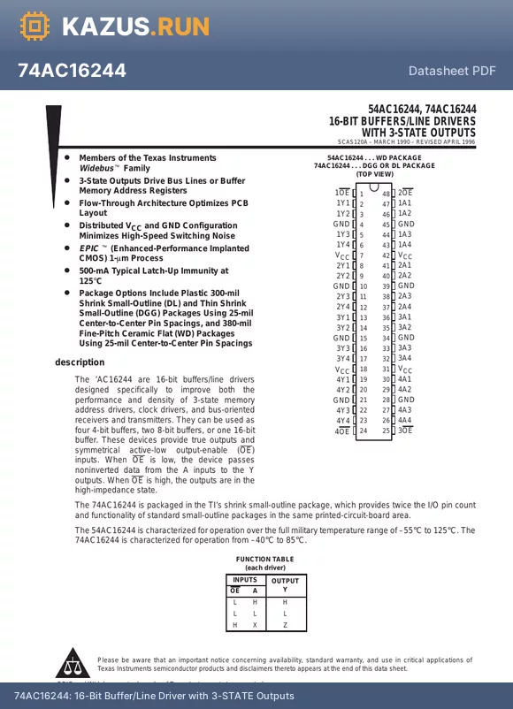 74AC16244 datasheet - 16-BIT BUS BUFFER WITH 3-STATE OUTPUTS (NON INVERTED)