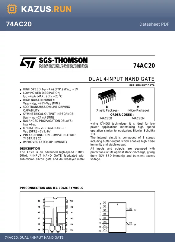 74AC20 datasheet - DUAL 4-INPUT NAND GATE