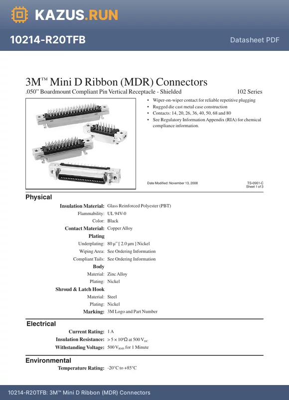 10226-R21CS datasheet - 3M Mini D Ribbon (MDR) Connectors