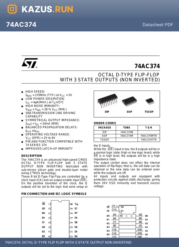 74AC374B datasheet - OCTAL D-TYPE FLIP FLOP WITH 3 STATE OUTPUT NON INVERTING