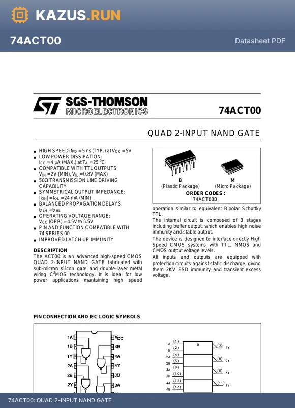74ACT00B datasheet - QUAD 2-INPUT NAND GATE