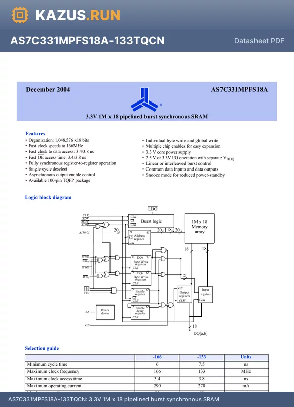 AS7C331MPFS18A datasheet - 3.3V 1M x 18 pipelined burst synchronous SRAM
