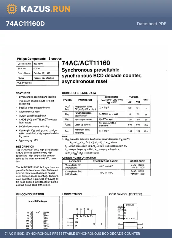 74ACT11160D datasheet - SYNCHRONOUS PRESETTABLE SYNCHRONOUS BCD DECADE COUNTER