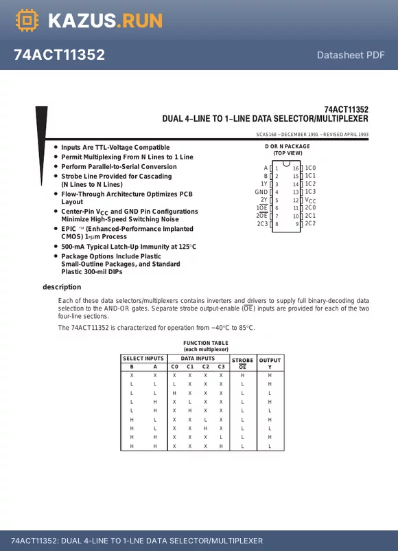 74ACT11352 datasheet - DUAL 4-LINE TO 1-LNE DATA SELECTOR/MULTIPLEXER