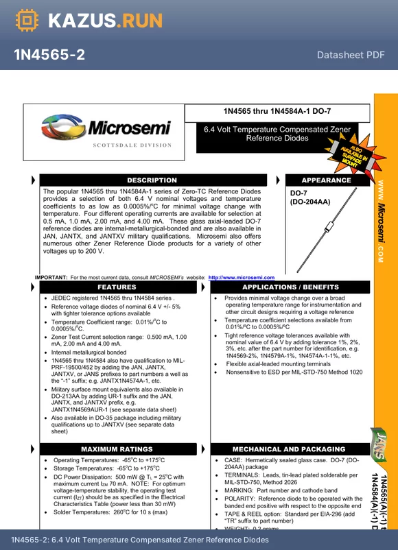 1N4576A-3 datasheet - 6.4 Volt Temperature Compensated Zener Reference Diodes