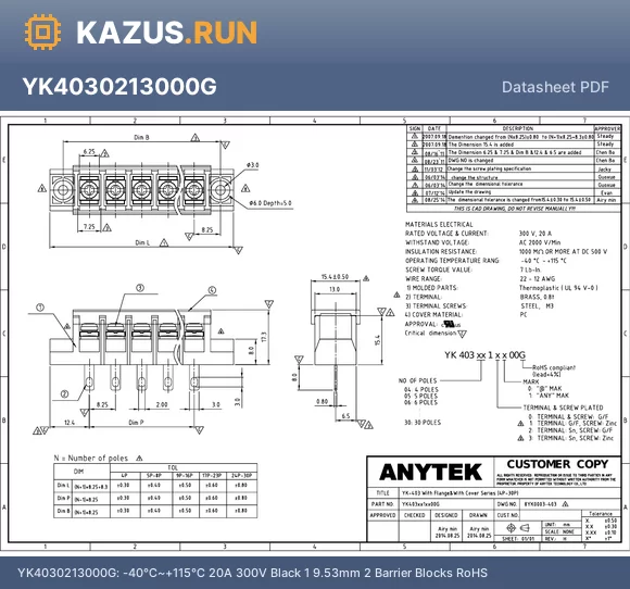 YK4032013000G datasheet - -40~+115 20A 300V Black 1 9.53mm 20 Barrier Blocks RoHS