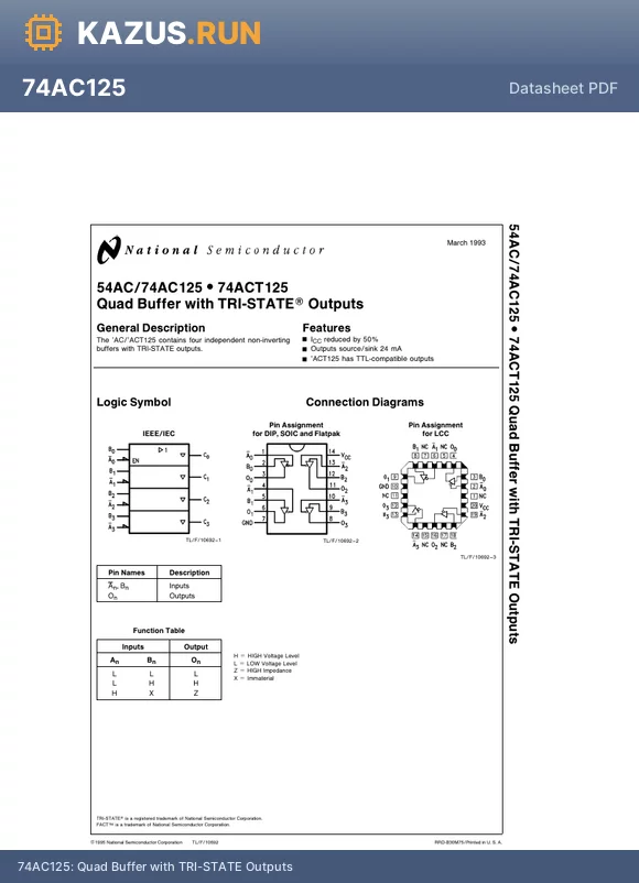 74ACT125LCQR datasheet - Quad Buffer with TRI-STATE Outputs