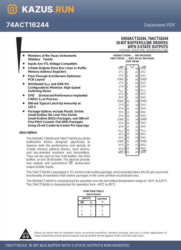 74ACT16244 datasheet - 16-BIT BUS BUFFER WITH 3-STATE OUTPUTS (NON INVERTED)