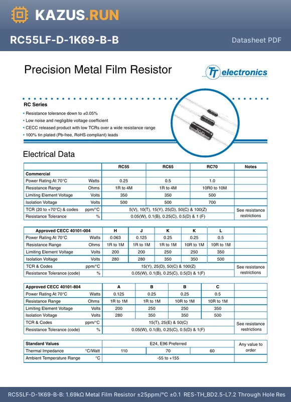 RC55LF-D-412R-B-B datasheet - 412Y Metal Film Resistor a25ppm/ a0.1% RES-TH_BD2.5-L7.2 Through Hole Resistors RoHS