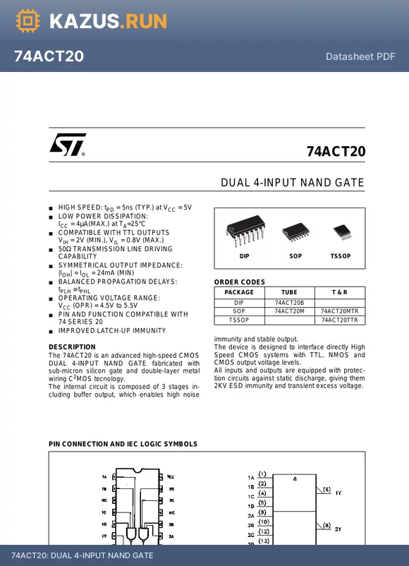 74ACT20TTR datasheet - DUAL 4-INPUT NAND GATE