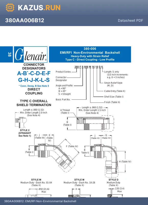 380LA006B12 datasheet - EMI/RFI Non-Environmental Backshell