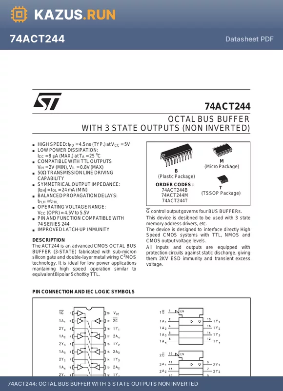 74ACT244 datasheet - OCTAL BUS BUFFER WITH 3 STATE OUTPUTS NON INVERTED