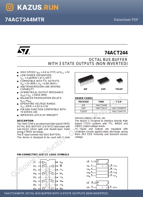 74ACT244MTR datasheet - OCTAL BUS BUFFER WITH 3 STATE OUTPUTS (NON INVERTED)