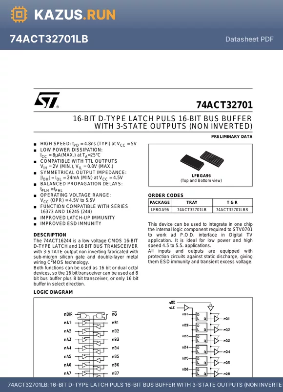 74ACT32701LBR datasheet - 16-BIT D-TYPE LATCH PULS 16-BIT BUS BUFFER WITH 3-STATE OUTPUTS (NON INVERTED)