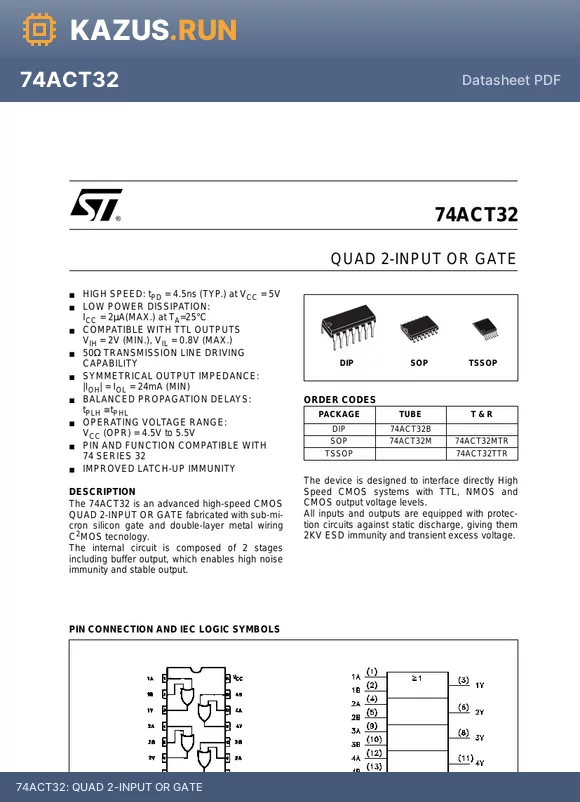 74ACT32TTR datasheet - QUAD 2-INPUT OR GATE