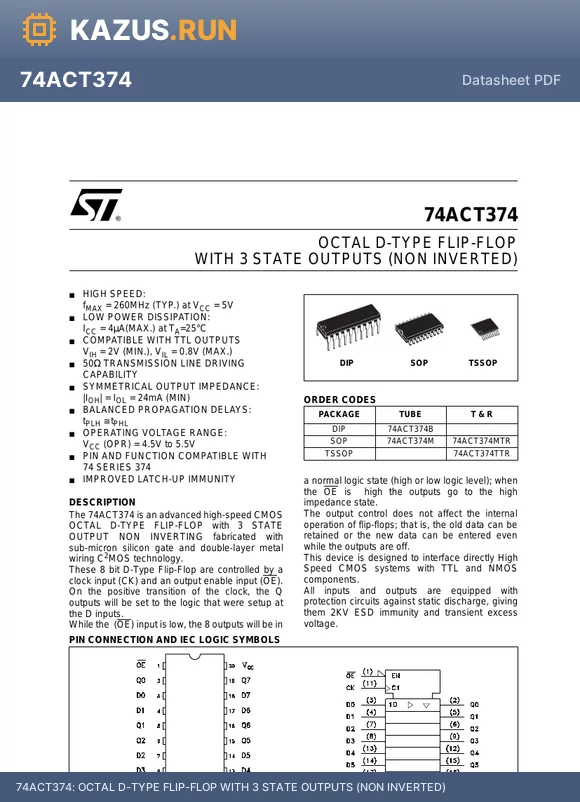 74ACT374_01 datasheet - OCTAL D-TYPE FLIP-FLOP WITH 3 STATE OUTPUTS (NON INVERTED)