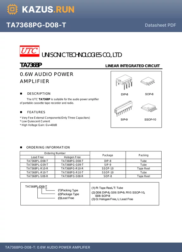 TA7368PG-R10-R datasheet - 5.5mA 14V 1-Channel 600mWx2@8Y SSOP-10-150mil Audio Amplifiers RoHS