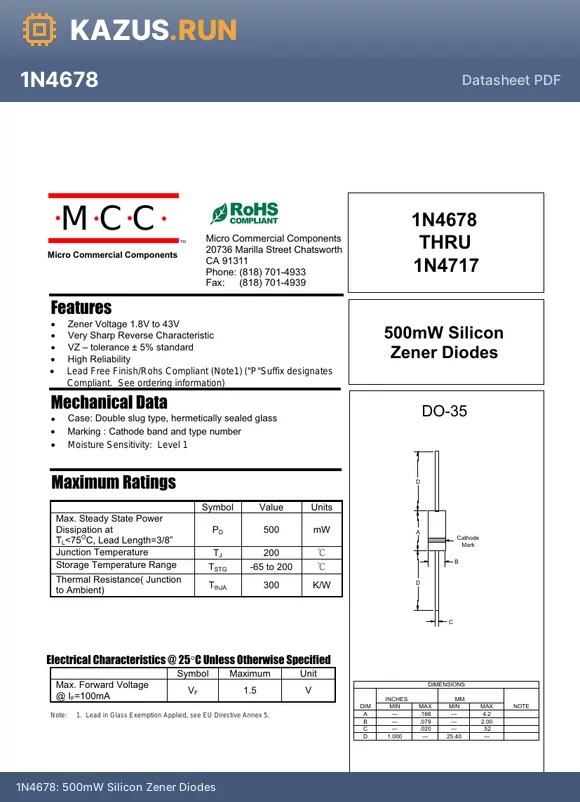 1N4702 datasheet - 500mW Silicon Zener Diodes