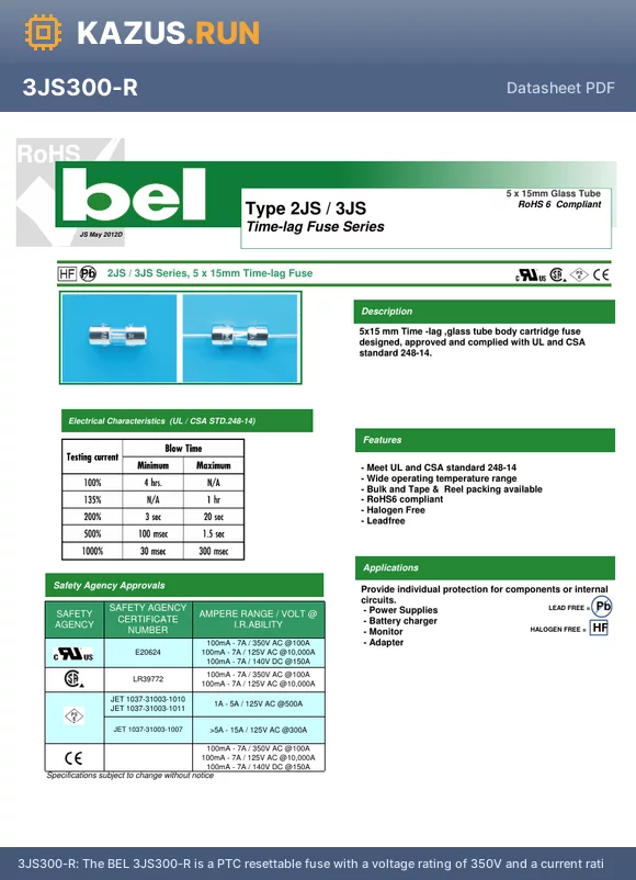 3JS300-R datasheet - The BEL 3JS300-R is a PTC resettable fuse with a voltage rating of 350V and a current rating of 300mA. It features a axial package with a lead free tin matte contact plating. The fuse has a maximum operating temperature of 125`C and a minimum operating te