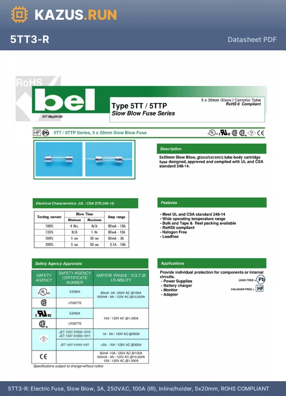 5TT3-R datasheet - Electric Fuse, Slow Blow, 3A, 250VAC, 100A (IR), Inline/holder, 5x20mm, ROHS COMPLIANT