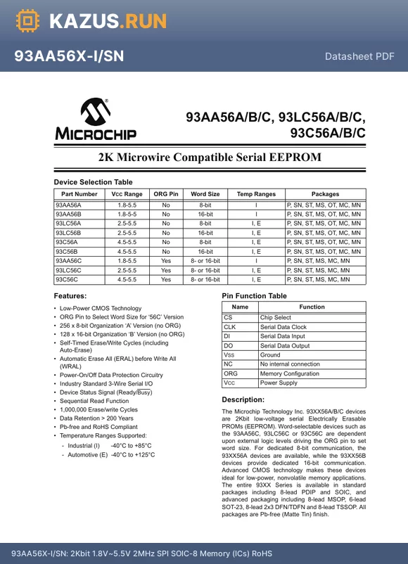 93AA56T-I/SN datasheet - 128 X 16 MICROWIRE BUS SERIAL EEPROM, PDSO8, 0.150 INCH, PLASTIC, SOIC-8