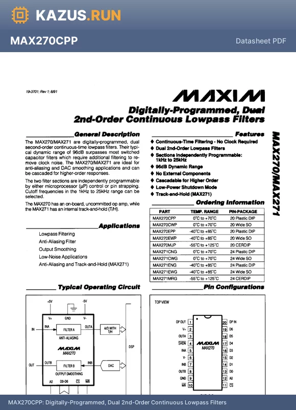 MAX270EWP+T datasheet - IC FILTER 25KHZ LOWPASS 20SOIC