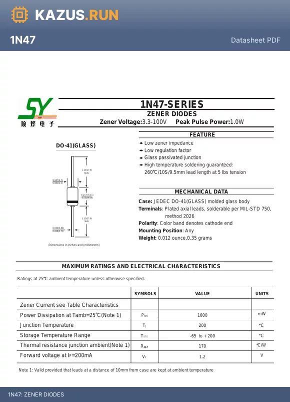 1N4740A datasheet - ZENER DIODES
