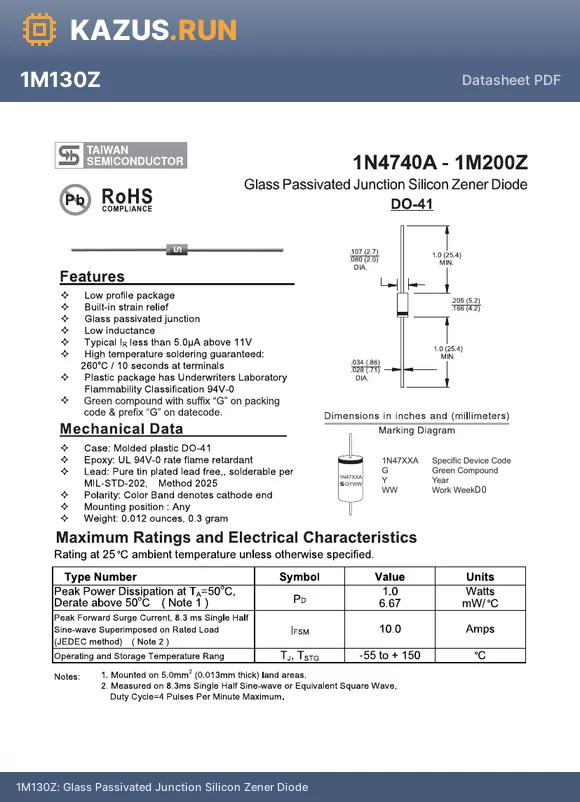 1N4743A datasheet - Glass Passivated Junction Silicon Zener Diode