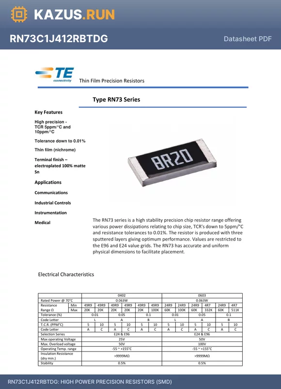 RN73C1J412RBTDG datasheet - HIGH POWER PRECISION RESISTORS (SMD)