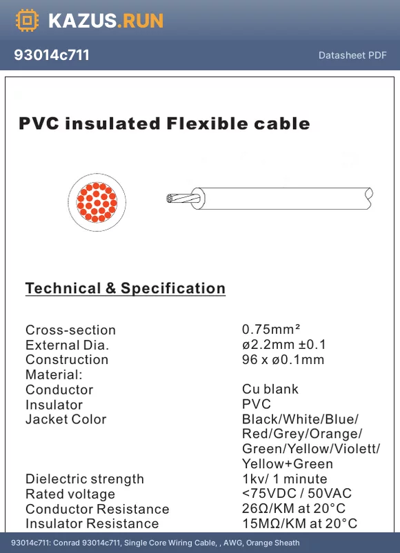93014c711 datasheet - Conrad 93014c711, Single Core Wiring Cable, , AWG, Orange Sheath