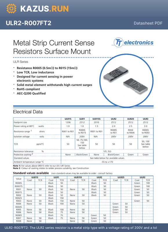 ULR2-R007FT2 datasheet - The ULR2 series resistor is a metal strip type with a voltage rating of 200V and a tolerance of 1%. It has a resistance of 7mR and is available in a 2512 case code. The resistor is lead free and RoHS compliant, with an operating temperature range of -55`C