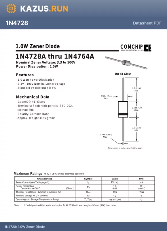 1N4756A datasheet - 1.0W Zener Diode